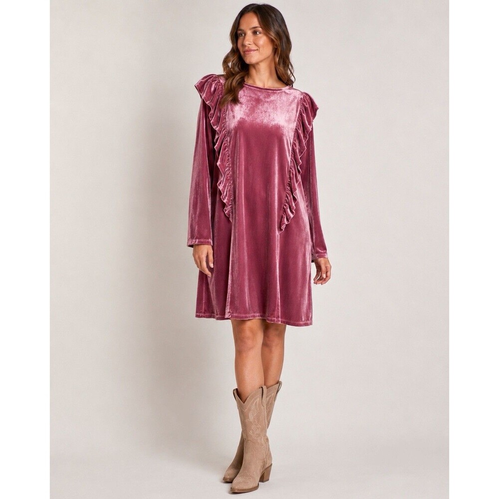 Bella Chica XL Rose Velvet Ruffle Panel Shift Dress Long Sleeve NWT Boho